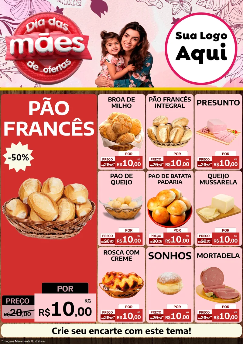 Modelo de Encarte para Encarte A4 Vertical com o tema Dia Das Mães De Ofertas para Padaria