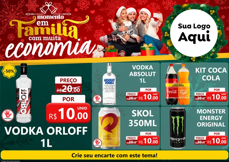 Modelo de Encarte para Encarte A4 Horizontal com o tema Momento em Família (Natal) para Distribuidora de bebidas
