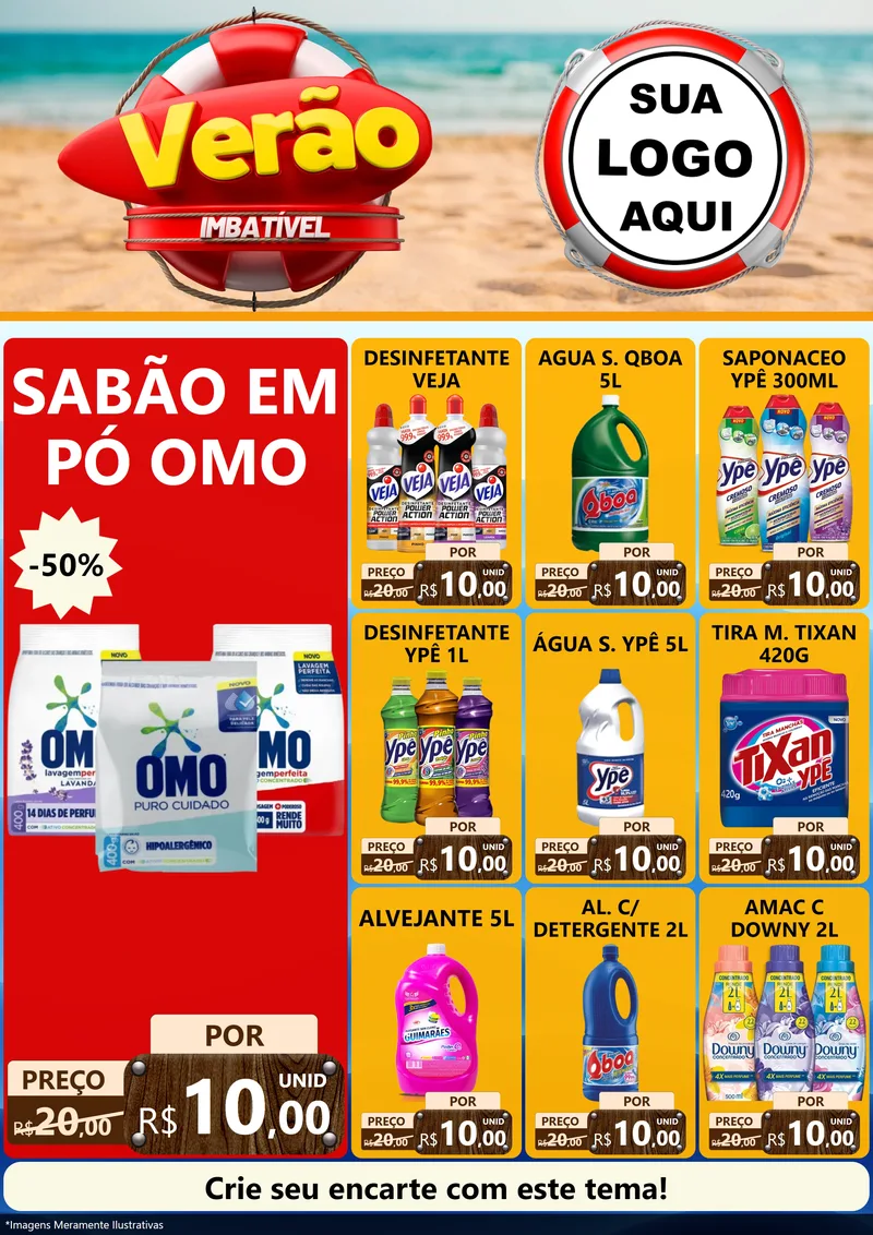 Modelo de Encarte para Encarte A4 Vertical com o tema Verão Imbatível para Produtos de Limpeza
