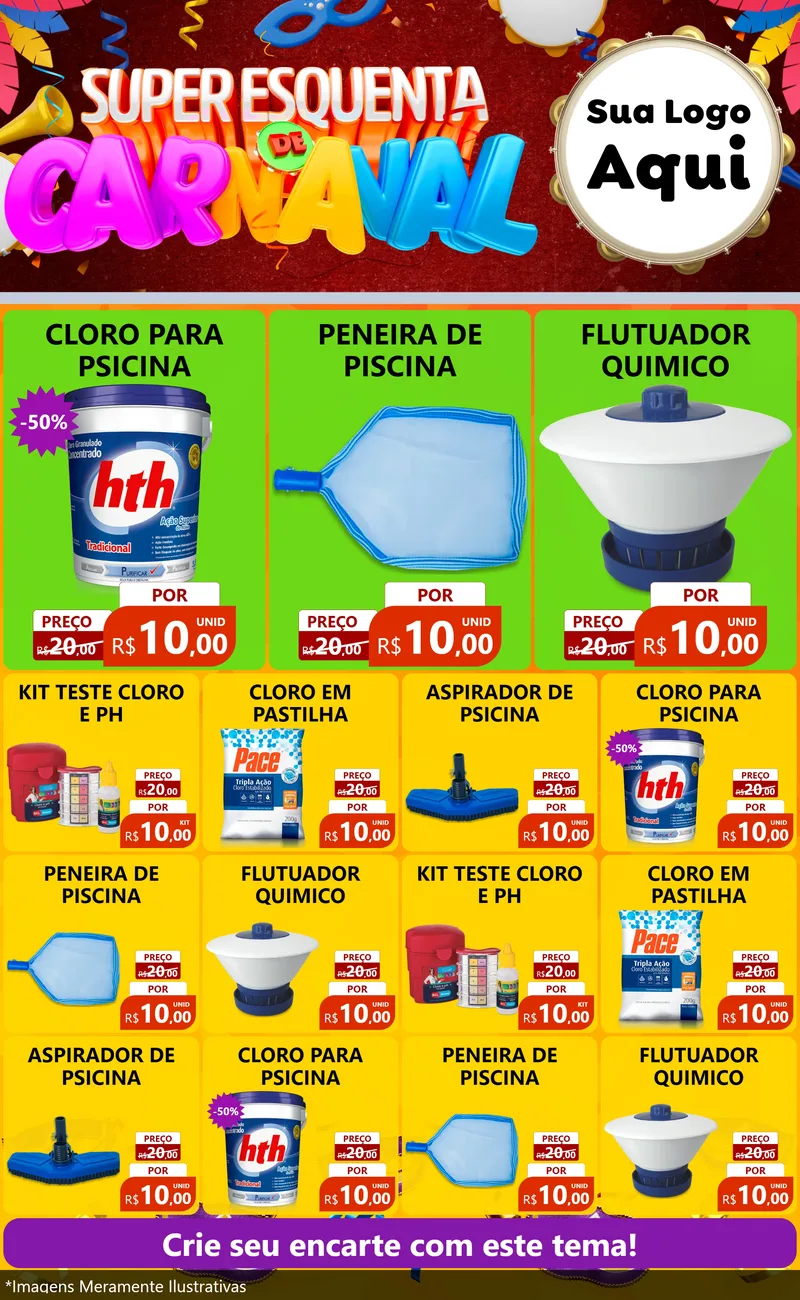 Modelo de Encarte para Encarte Grande com o tema Super Esquenta de Carnaval para Produtos para Piscina