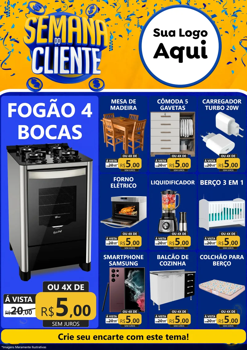 Modelo de Encarte para Encarte A4 Vertical com o tema Semana do Cliente para Móveis e Eletro