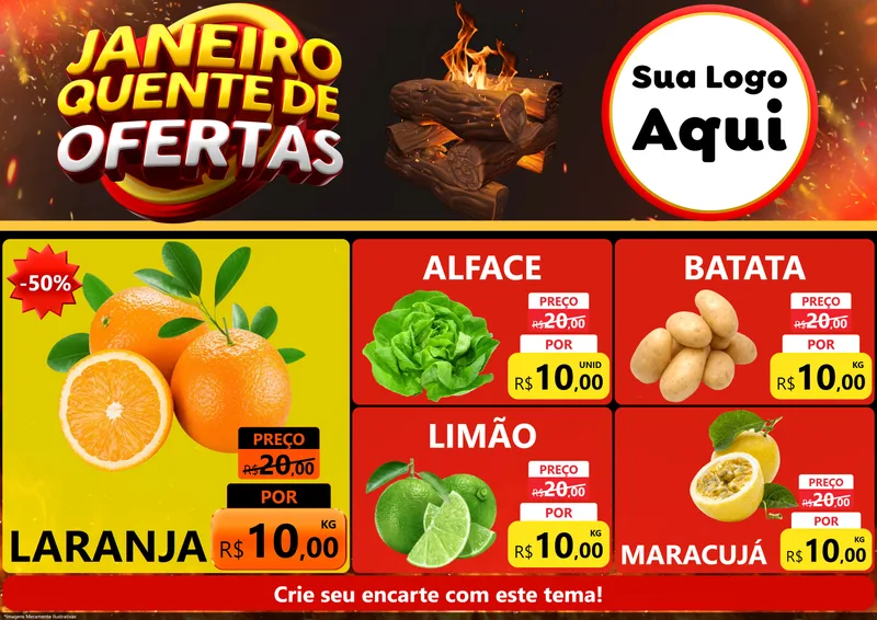 Modelo de Encarte para Encarte A4 Horizontal com o tema Janeiro Quente de Ofertas para Hortifrúti