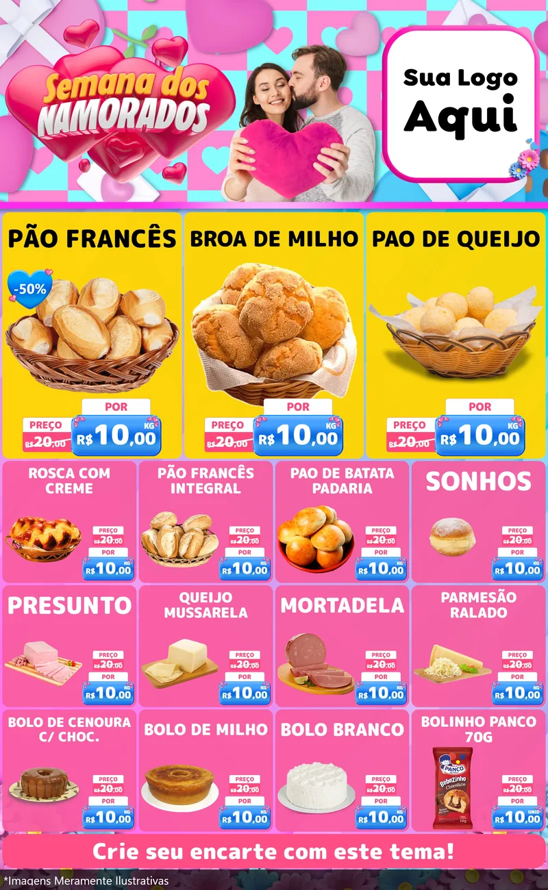 Modelo de Encarte para Encarte Grande com o tema Semana dos Namorados para Padaria