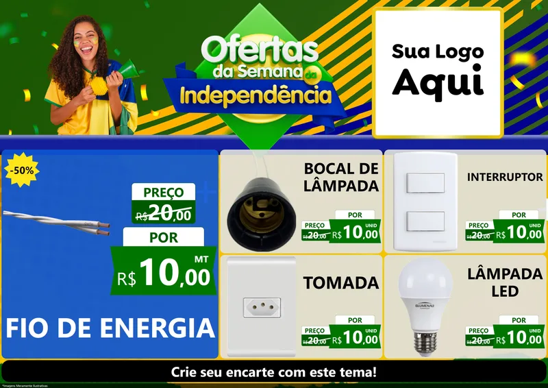 Modelo de Encarte para Encarte A4 Horizontal com o tema Ofertas da Semana da Independência para Materiais Elétricos