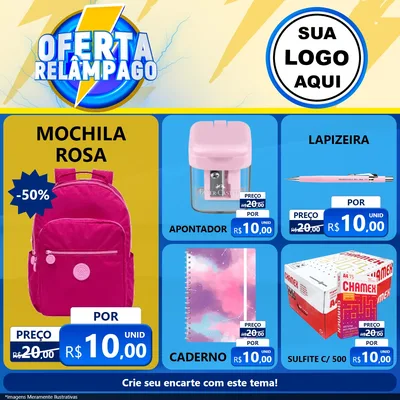 Modelo de Rede Social para Feed Facebook com o tema Oferta Relâmpago para Papelaria