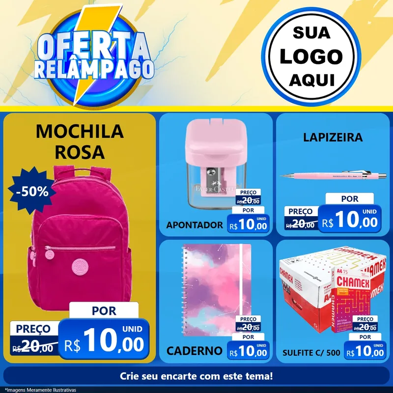 Modelo de Rede Social para Feed Facebook com o tema Oferta Relâmpago para Papelaria