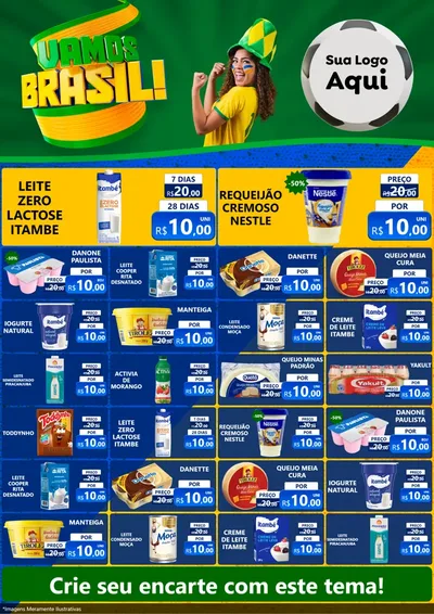 Modelo de Encarte para Encarte A4 Vertical com o tema Vamos Brasil - Copa para Frios e Laticínios