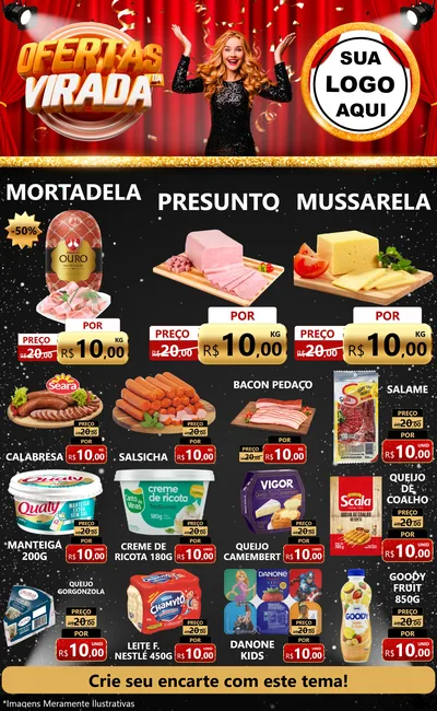 Modelo de Encarte para Encarte Grande com o tema Ofertas da Virada para Frios e Laticínios