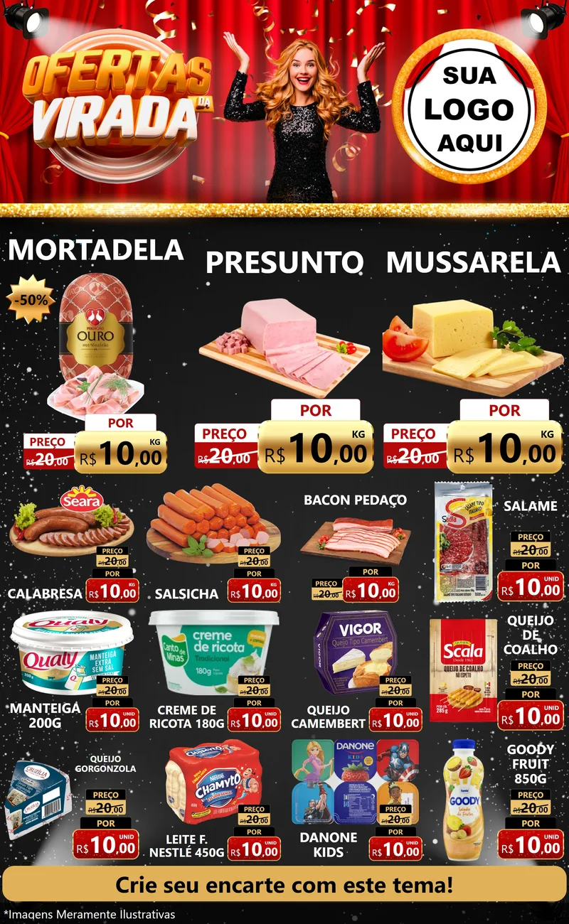 Modelo de Encarte para Encarte Grande com o tema Ofertas da Virada para Frios e Laticínios