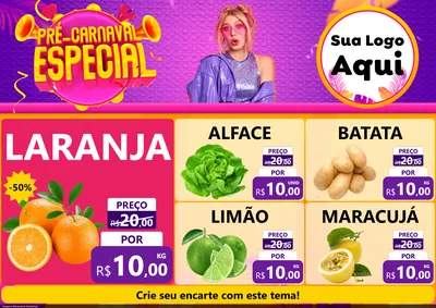 Modelo de Encarte para Encarte A4 Horizontal com o tema Pré-Carnaval Especial para Hortifrúti