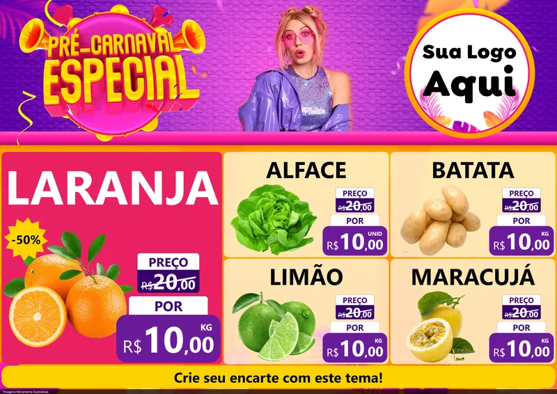 Modelo de Encarte para Encarte A4 Horizontal com o tema Pré-Carnaval Especial para Hortifrúti