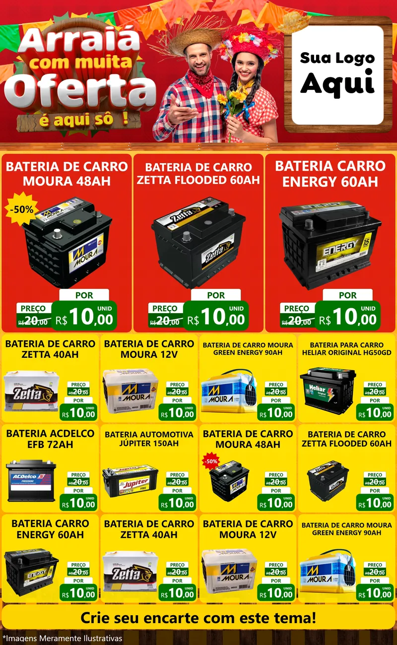 Modelo de Encarte para Encarte Grande com o tema Arraiá Com Muita Oferta - É Aqui Sô! para Baterias Elétricas