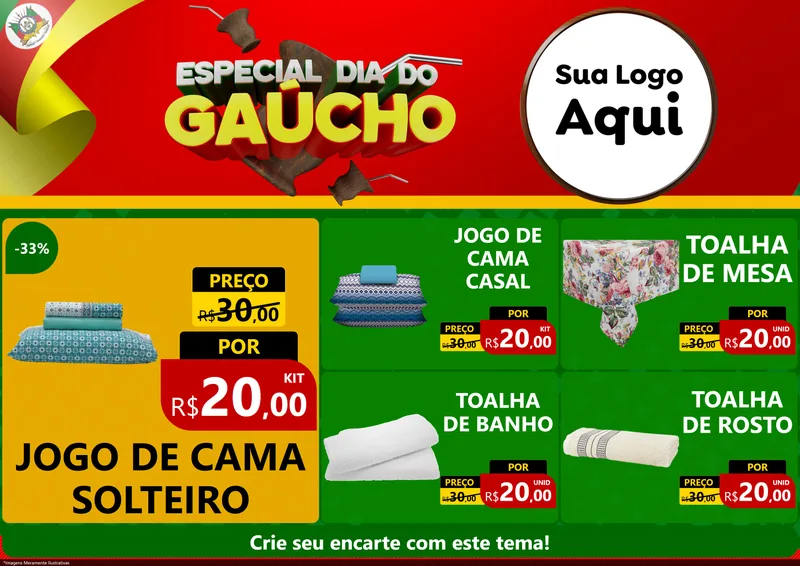 Modelo de Encarte para Encarte A4 Horizontal com o tema Especial Dia do Gaúcho para Cama, Mesa e Banho