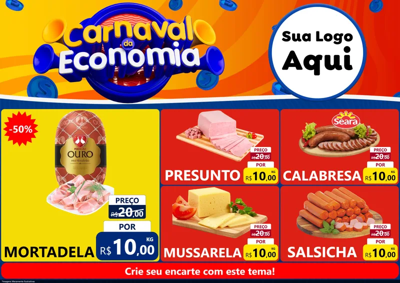 Modelo de Encarte para Encarte A4 Horizontal com o tema Carnaval da Economia para Frios e Laticínios