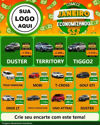 Modelo de Rede Social para Feed Instagram com o tema Comece Janeiro Economizando para Concessionaria de Carros