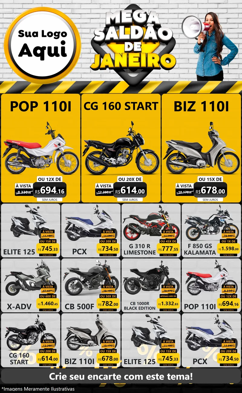 Modelo de Encarte para Encarte Grande com o tema Mega Saldão de Janeiro para Concessionaria de Motos