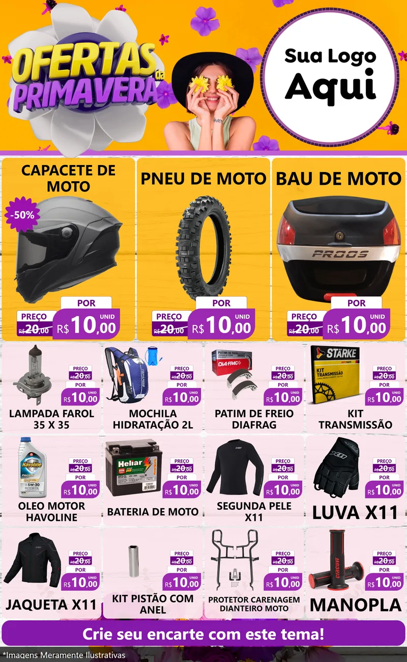Modelo de Encarte para Encarte Grande com o tema Ofertas Da Primavera para Moto peças