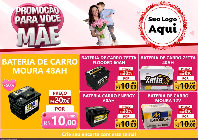 Modelo de Encarte para Encarte A4 Horizontal com o tema Promoção Para Você Mãe para Baterias Elétricas