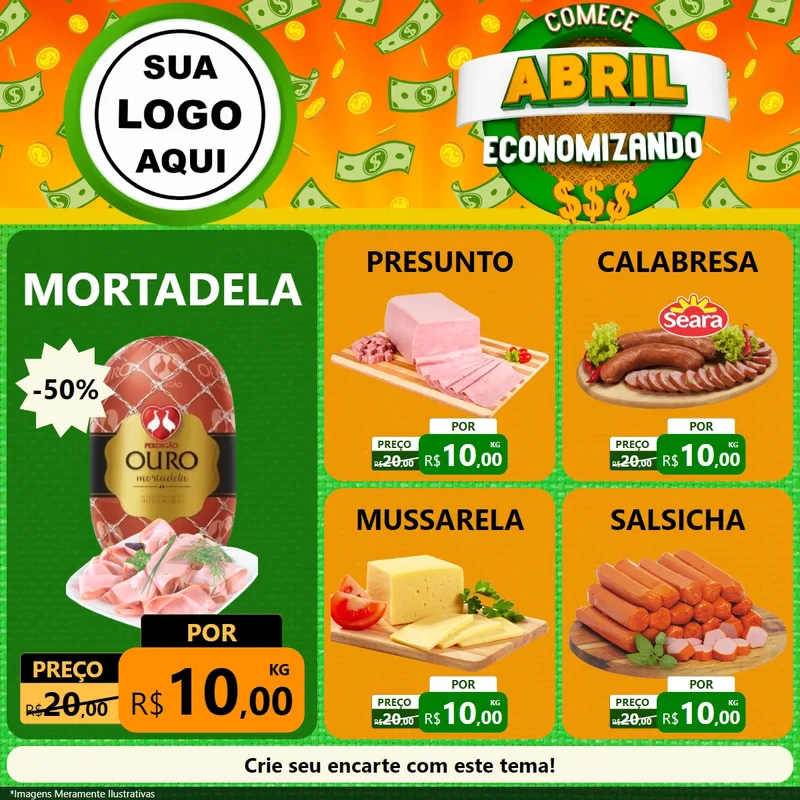 Modelo de Rede Social para Feed Facebook com o tema Comece Abril Economizando para Frios e Laticínios
