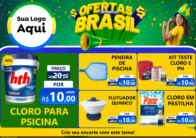 Modelo de Encarte para Encarte A4 Horizontal com o tema Ofertas Semana do Brasil para Produtos para Piscina