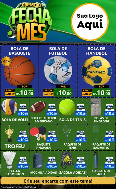 Modelo de Encarte para Encarte Grande com o tema Operação Fecha Mês para Artigos Esportivos
