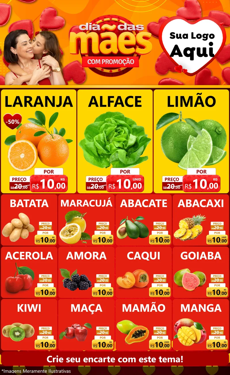 Modelo de Encarte para Encarte Grande com o tema Dia das Mães com Promoção para Hortifrúti