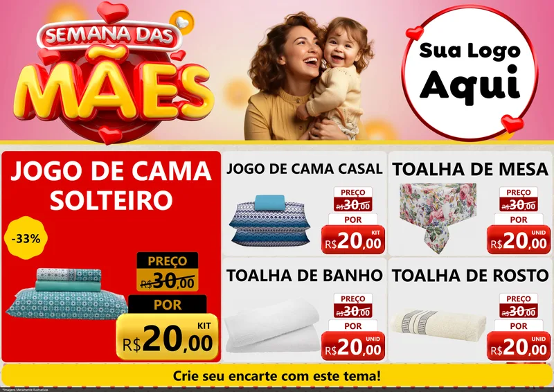 Modelo de Encarte para Encarte A4 Horizontal com o tema Semana das Mães para Cama, Mesa e Banho