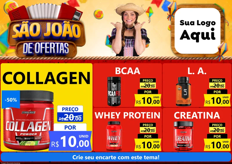 Modelo de Encarte para Encarte A4 Horizontal com o tema São João de Ofertas para Suplementos alimentares