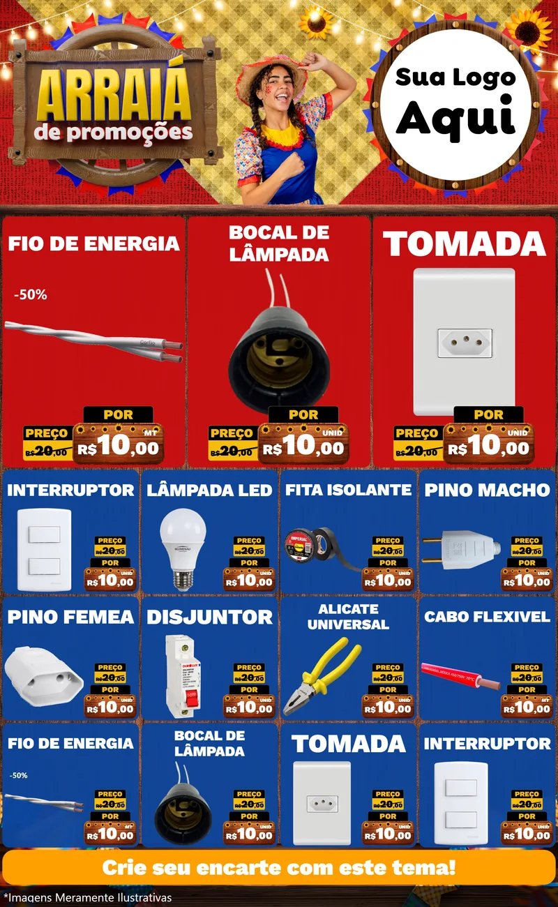 Modelo de Encarte para Encarte Grande com o tema Arraiá de Promoções para Materiais Elétricos