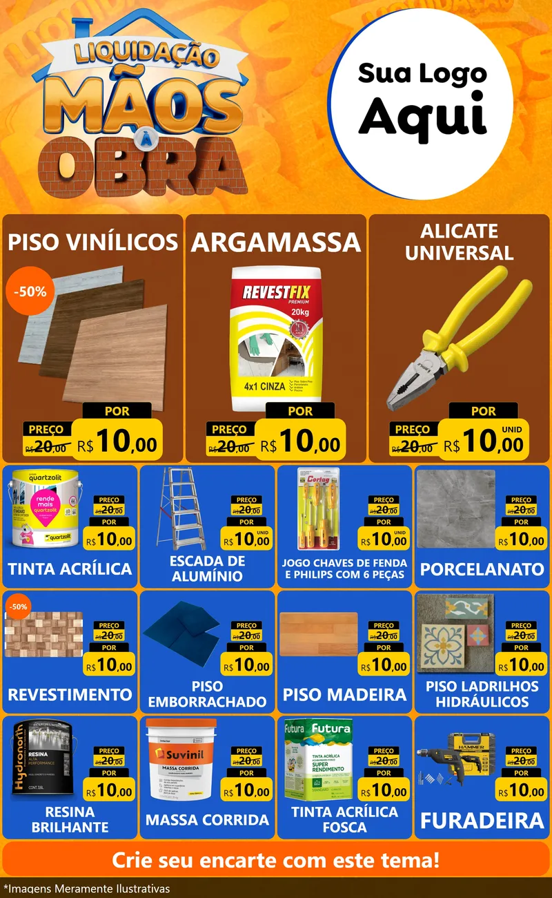 Modelo de Encarte para Encarte Grande com o tema Liquidação Mãos à Obra para Material para Construção