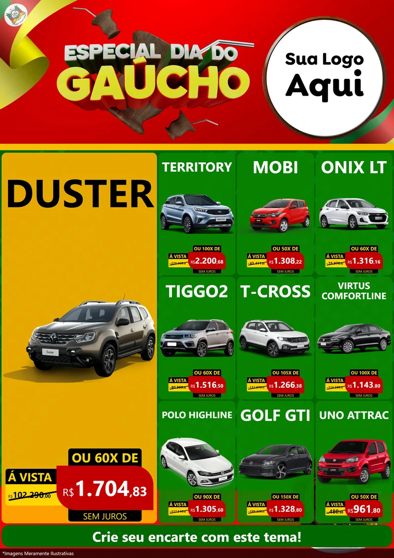 Modelo de Encarte para Encarte A4 Vertical com o tema Especial Dia do Gaúcho para Concessionaria de Carros