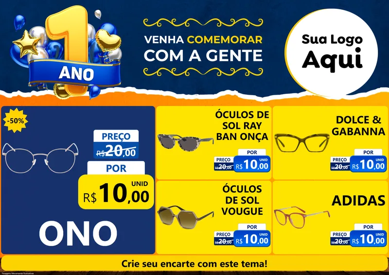 Modelo de Encarte para Encarte A4 Horizontal com o tema Um Ano de Aniversário para Óticas