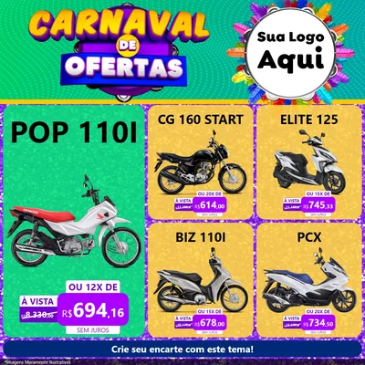 Modelo de Rede Social para Feed Facebook com o tema Carnaval de Ofertas para Concessionaria de Motos