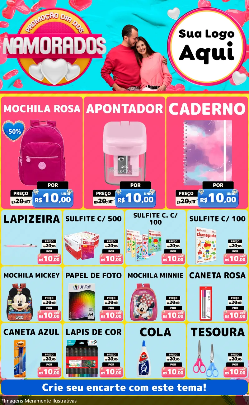 Modelo de Encarte para Encarte Grande com o tema Promoção Dia dos Namorados para Papelaria