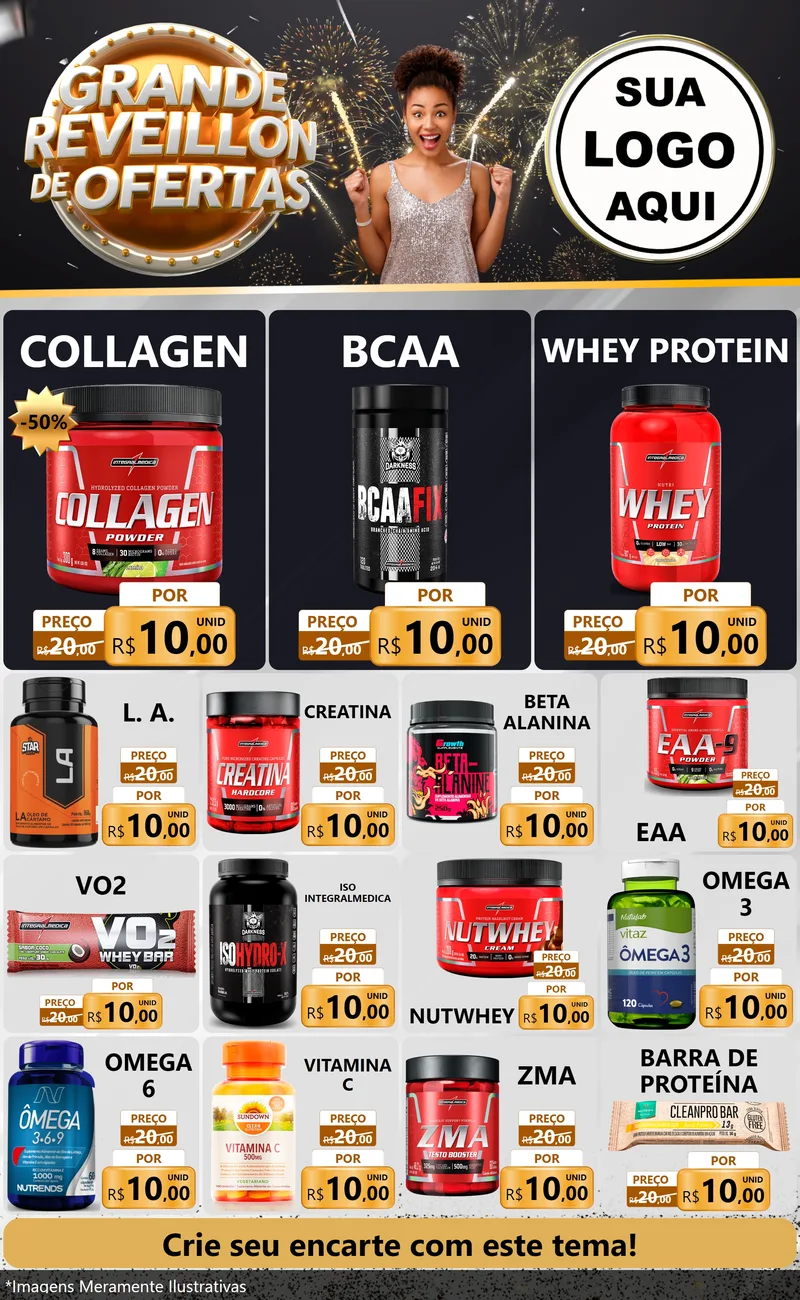 Modelo de Encarte para Encarte Grande com o tema Grande Réveillon de Ofertas para Suplementos alimentares