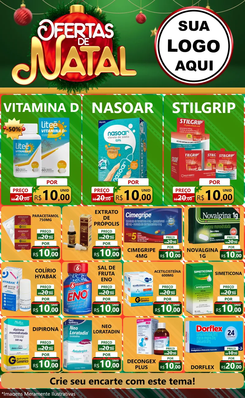 Modelo de Encarte para Encarte Grande com o tema Ofertas de Natal para Farmácia