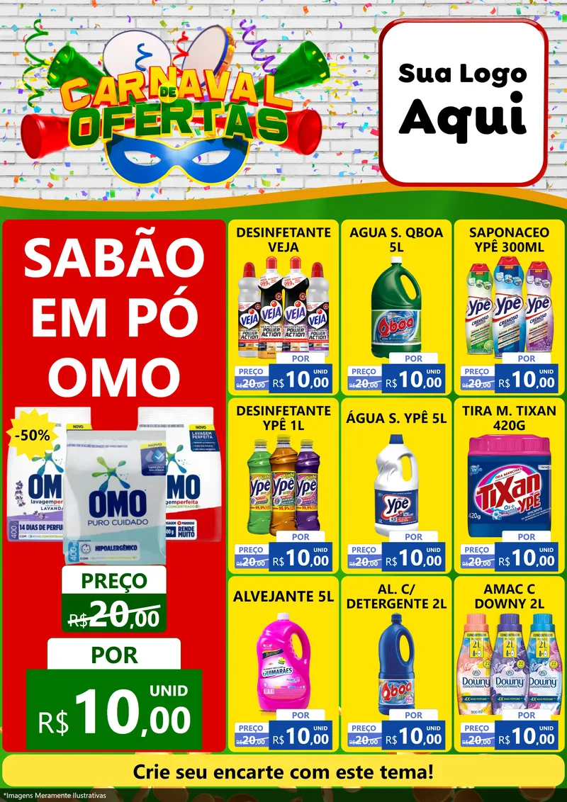 Modelo de Encarte para Encarte A4 Vertical com o tema Carnaval de Ofertas para Produtos de Limpeza