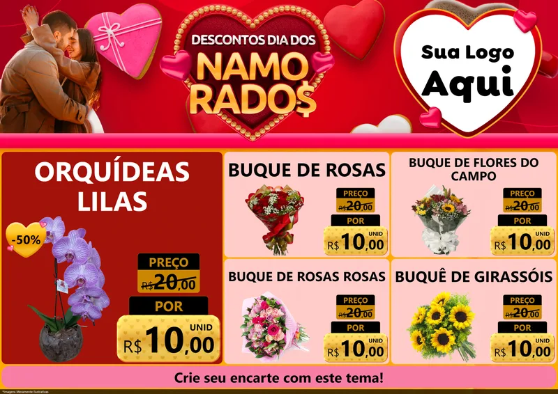Modelo de Encarte para Encarte A4 Horizontal com o tema Descontos Dia dos Namorados para Floricultura e jardim