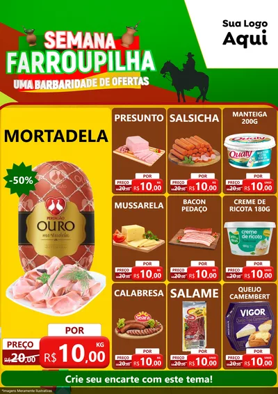 Modelo de Encarte para Encarte A4 Vertical com o tema Semana Farroupilha - Uma Barbaridade de Ofertas para Frios e Laticínios