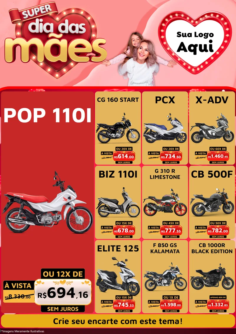 Modelo de Encarte para Encarte A4 Vertical com o tema Super Dia Das Mães para Concessionaria de Motos