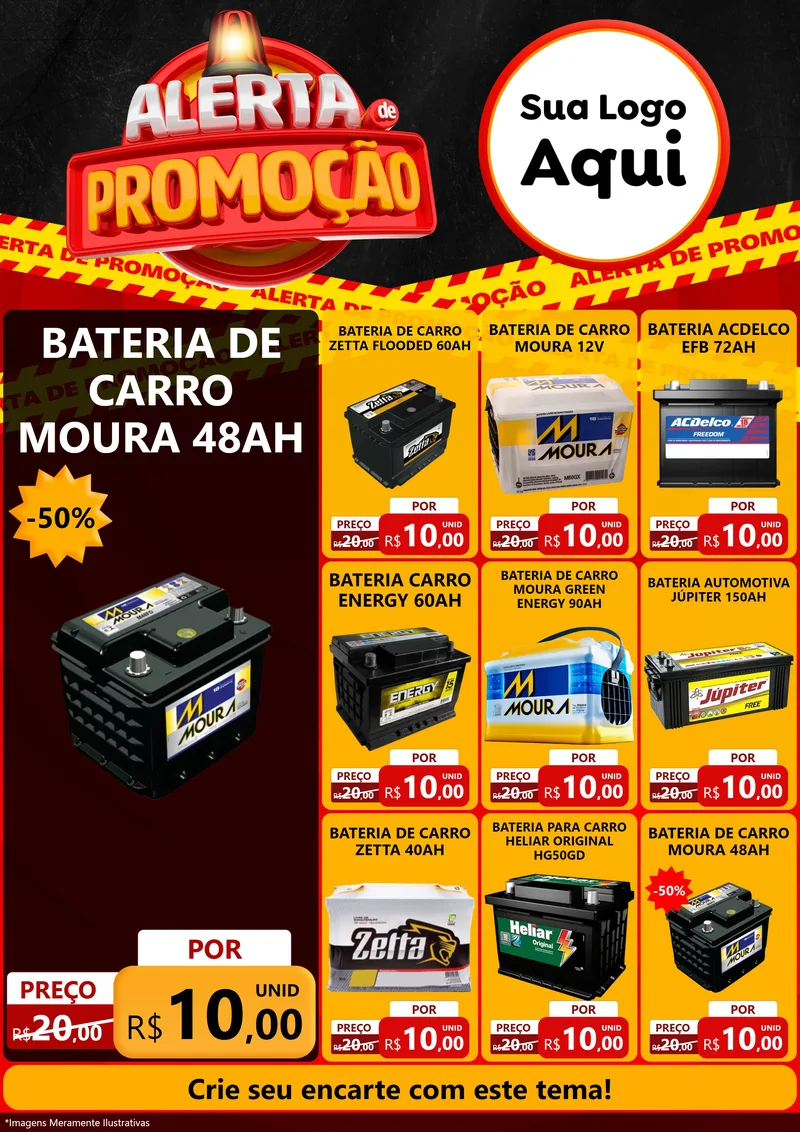 Modelo de Encarte para Encarte A4 Vertical com o tema Alerta de Promoção para Baterias Elétricas