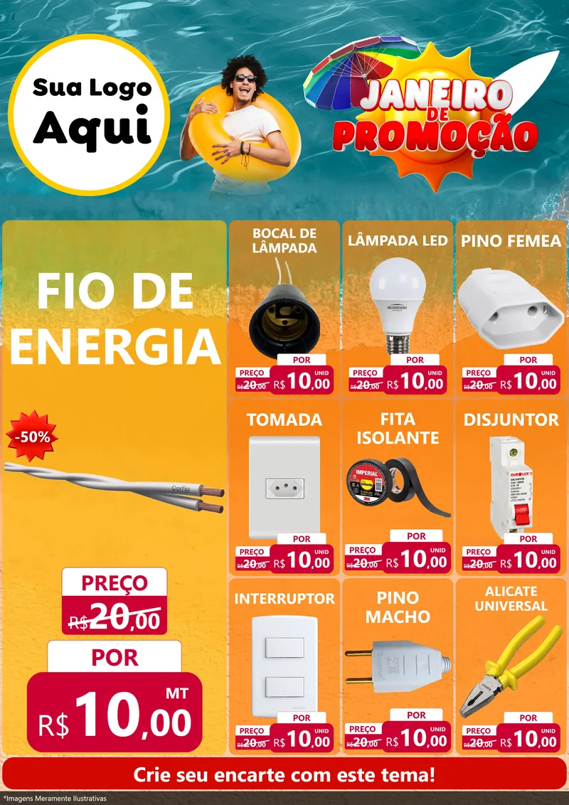 Modelo de Encarte para Encarte A4 Vertical com o tema Janeiro de Promoção para Materiais Elétricos