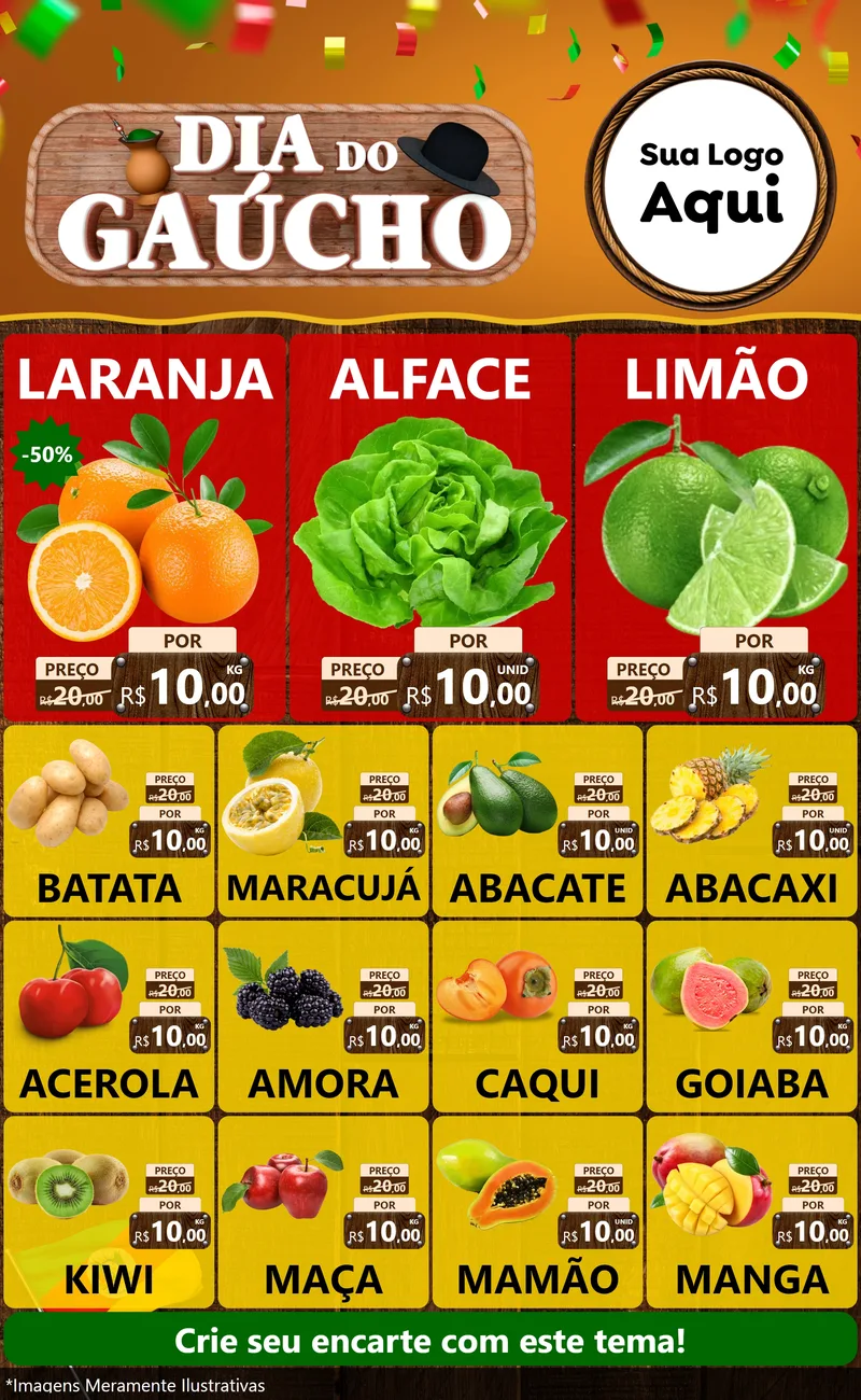 Modelo de Encarte para Encarte Grande com o tema Dia do Gaúcho para Hortifrúti