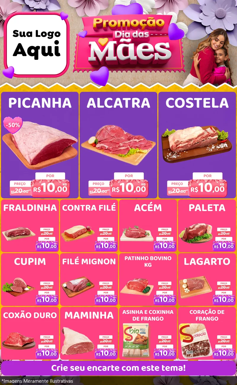 Modelo de Encarte para Encarte Grande com o tema Promoção Dia das Mães para Açougue