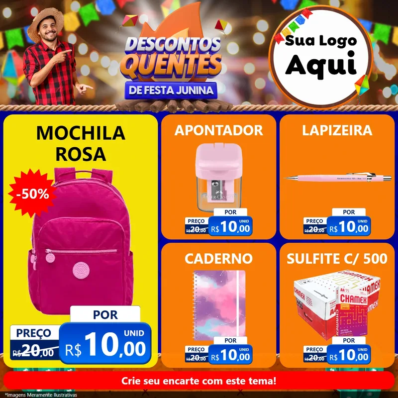 Modelo de Rede Social para Feed Facebook com o tema Descontos Quentes de Festa Junina para Papelaria