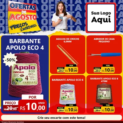 Modelo de Rede Social para Feed Facebook com o tema Ofertas de Agosto - Preços Incríveis para Armarinho e Aviamentos