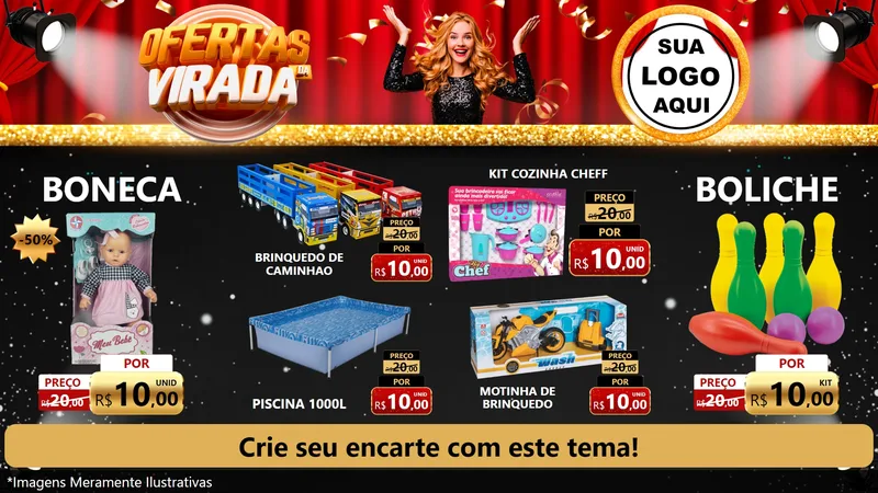 Modelo de TV para TV Horizontal com o tema Ofertas da Virada para Brinquedos