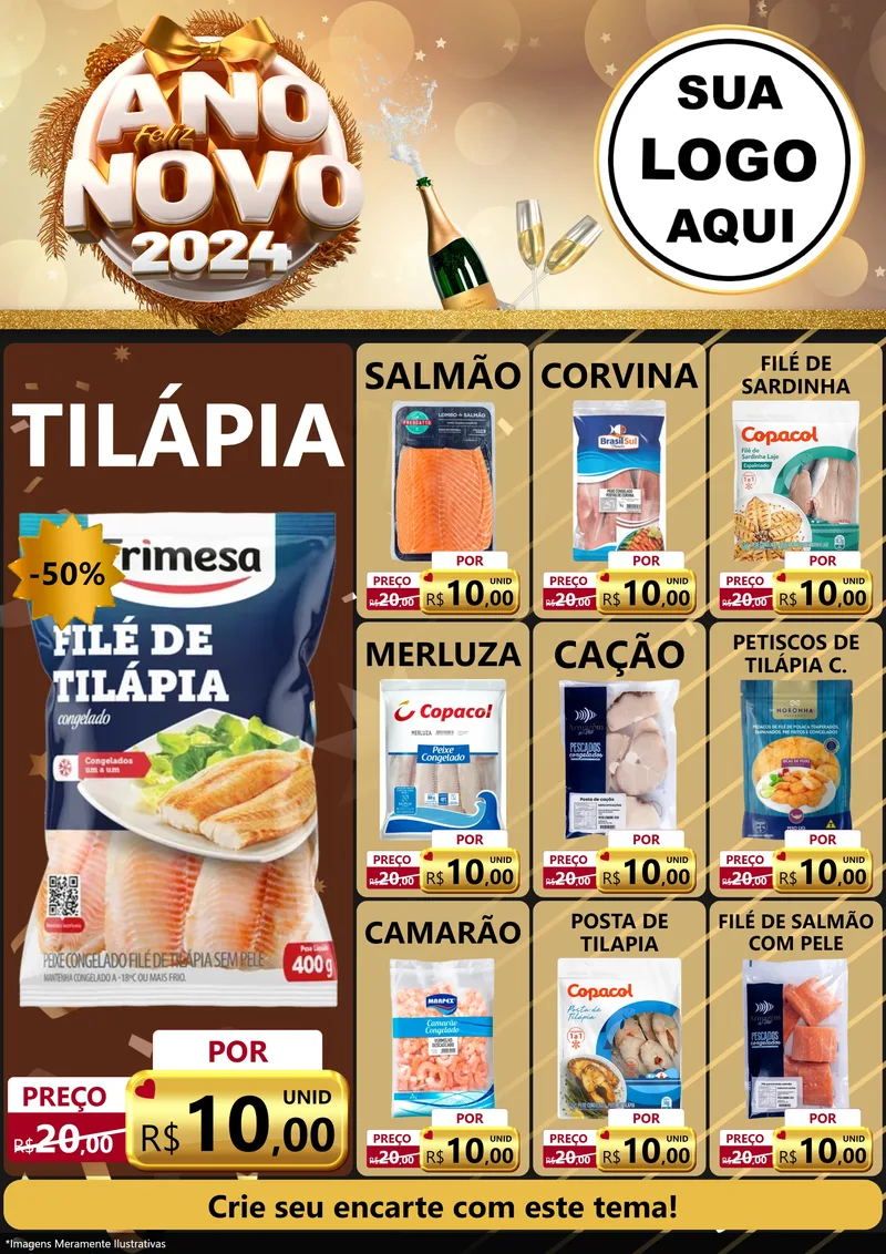 Modelo de Encarte para Encarte A4 Vertical com o tema Feliz Ano Novo 2027 para Peixaria