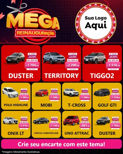 Modelo de Rede Social para Feed Instagram com o tema Mega Reinauguração para Concessionaria de Carros