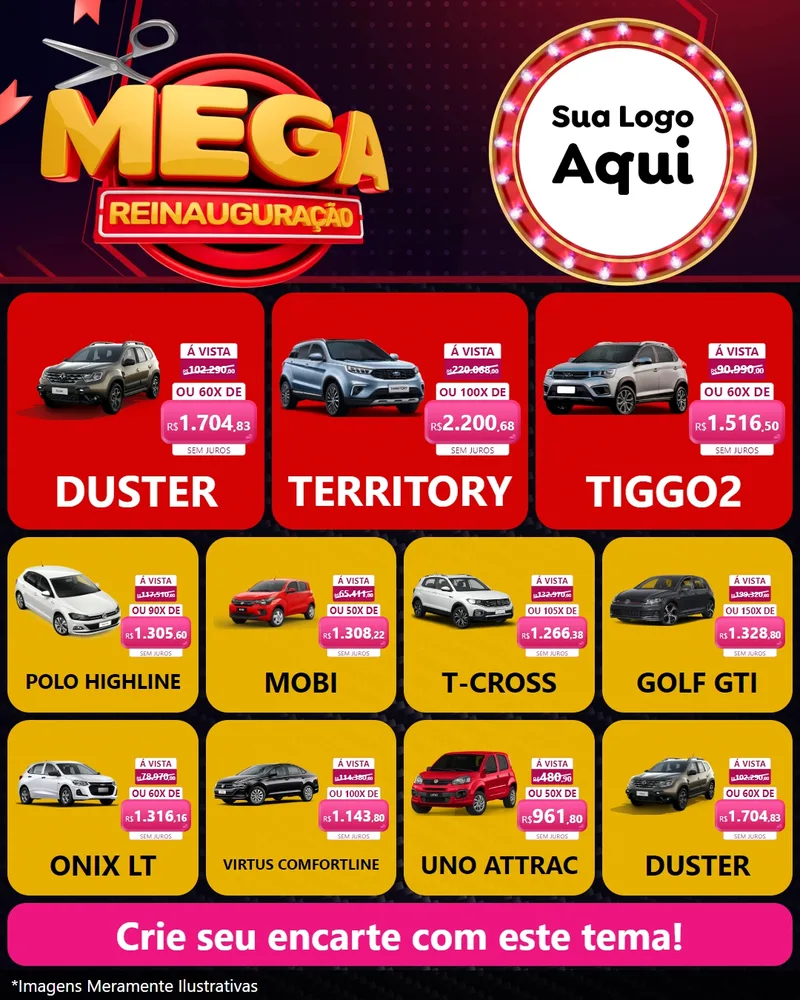 Modelo de Rede Social para Feed Instagram com o tema Mega Reinauguração para Concessionaria de Carros
